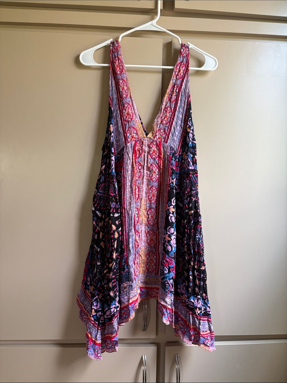 Free People V-Neck Handkerchief Hem Dress in Pink, Black, Blue